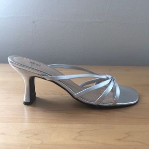 Metallic Silver Strappy Leather Sandal Heels